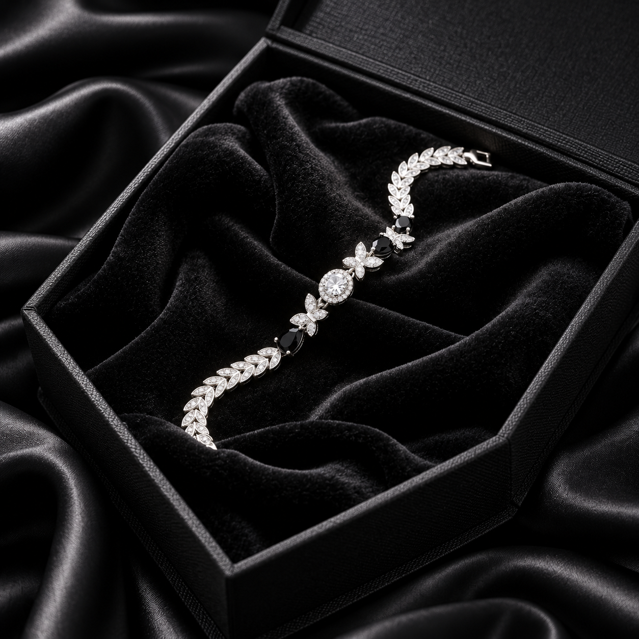 Butterfly Black Teardrop Halo Silver Bracelet