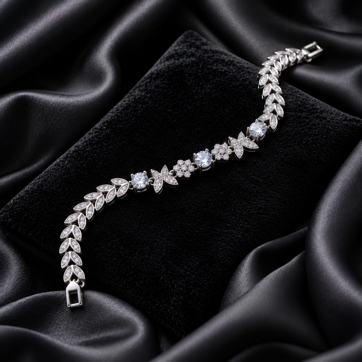 Crystal Floral Leaf Silver Bracelet