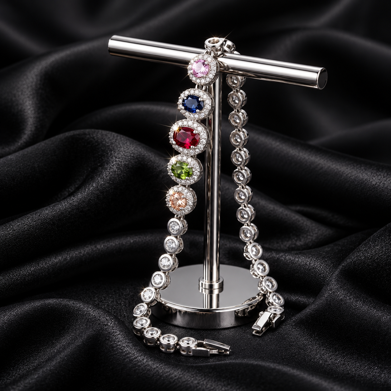 Elegant Silver Bracelet with Multicolor Gemstone Charms for Women