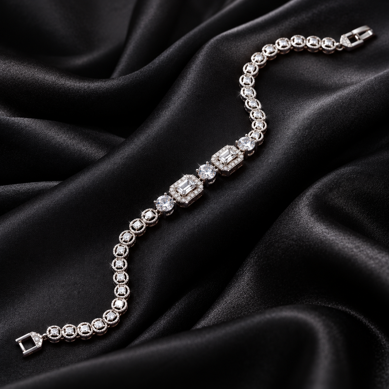 Emerald-Cut Halo Silver Bracelet