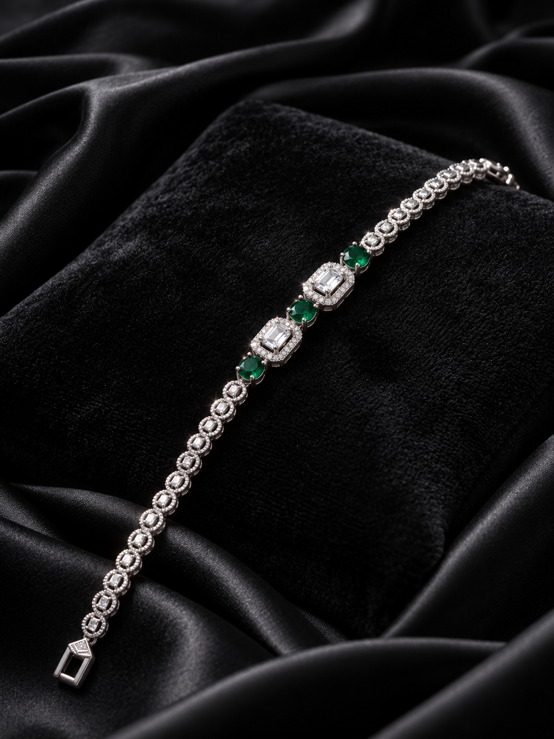 Emerald Green Rectangular Halo Silver Bracelet