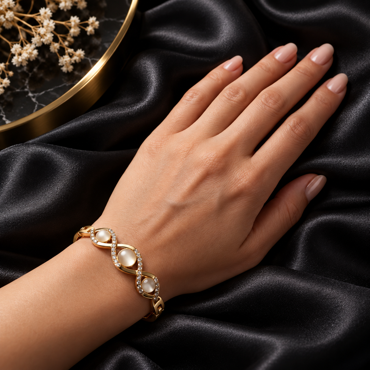 Gold Infinity Moonstone Crystal Bangle