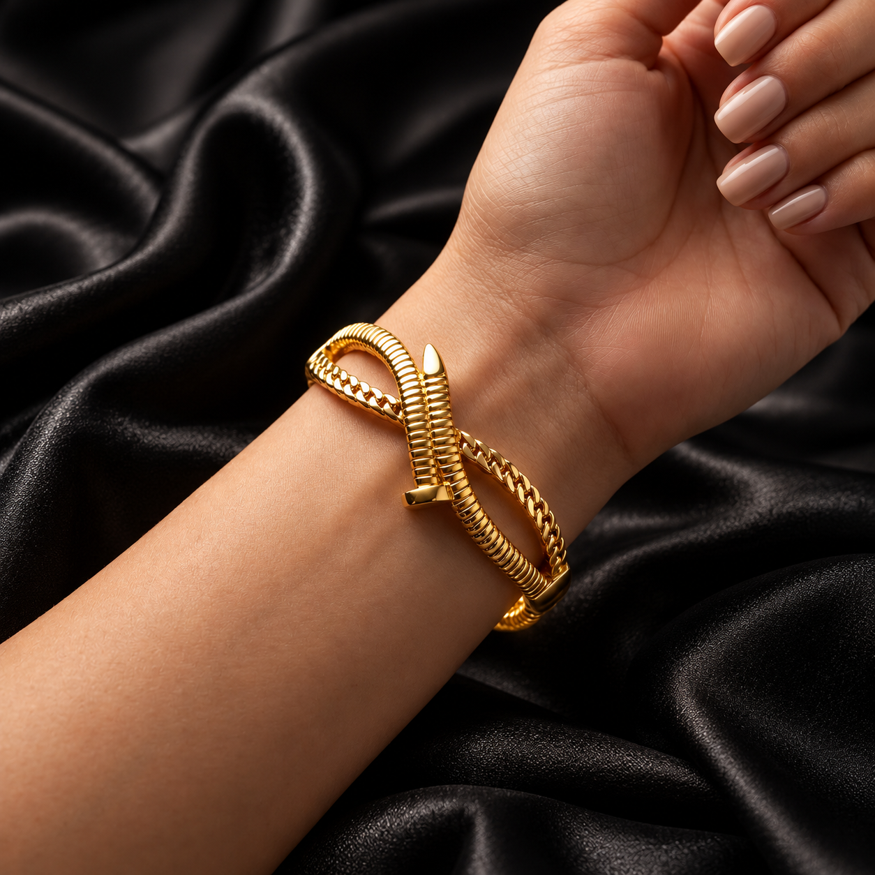 Gold Ribbed Crossover Nail Bangle