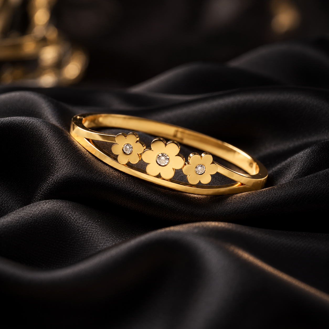 Gold Triple Flower Crystal Bangle