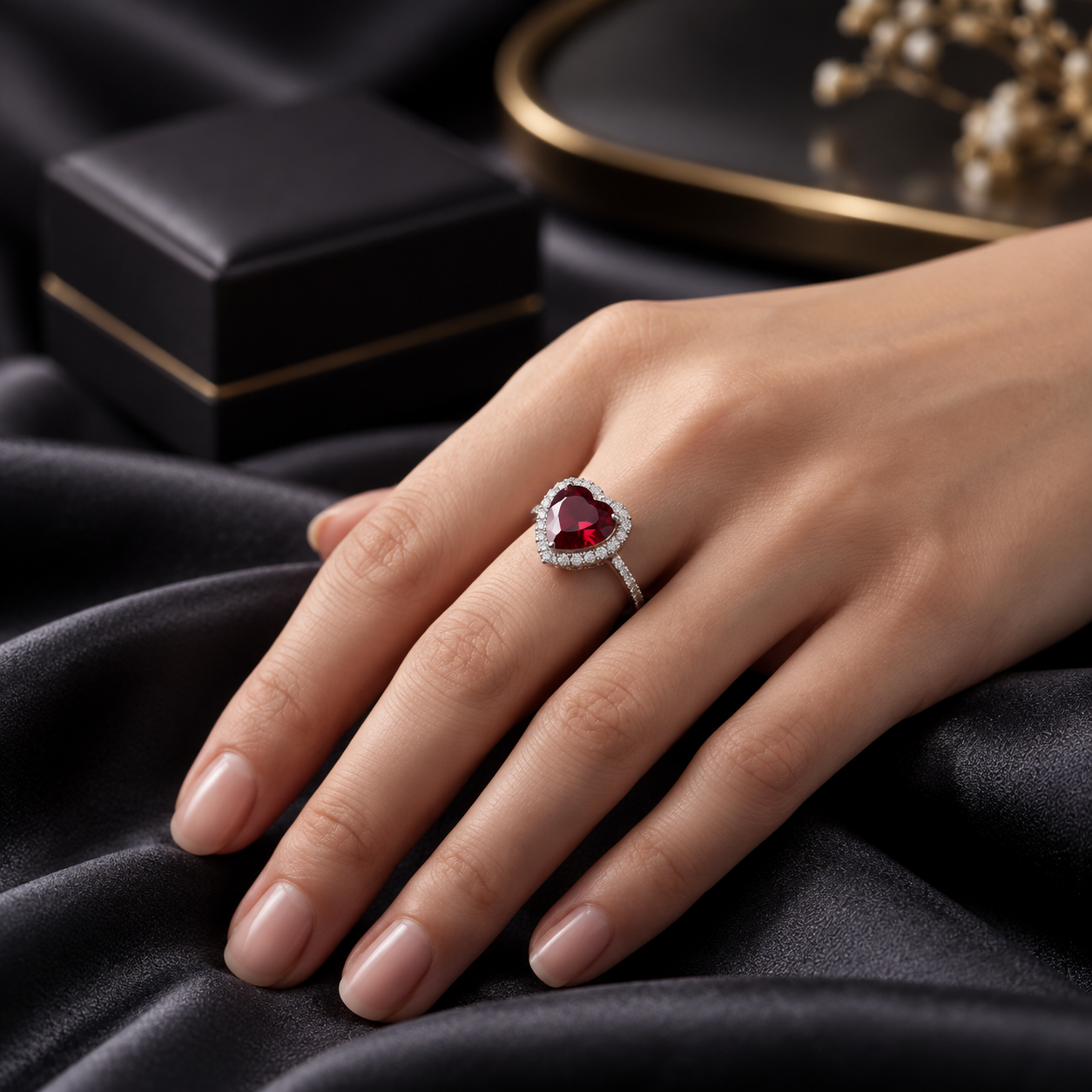 Heart-Cut Red Gemstone Diamond Halo Ring in Silver