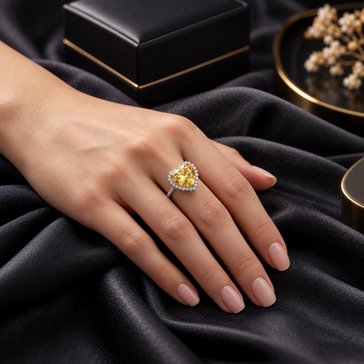 Heart-Cut Yellow Gemstone Diamond Halo Ring in Silver