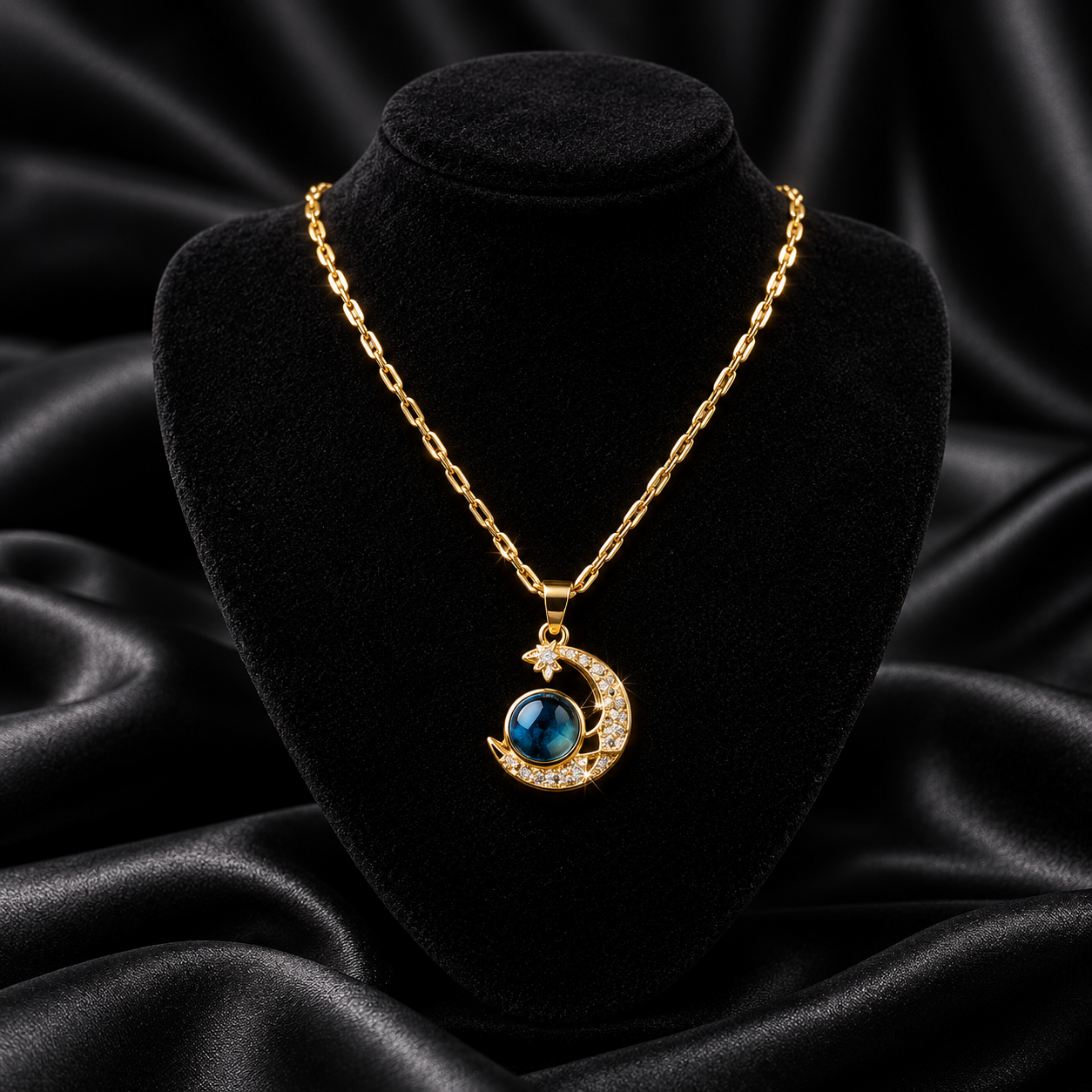 Luxury Gold Crescent Blue Stone Pendant Necklace for Women