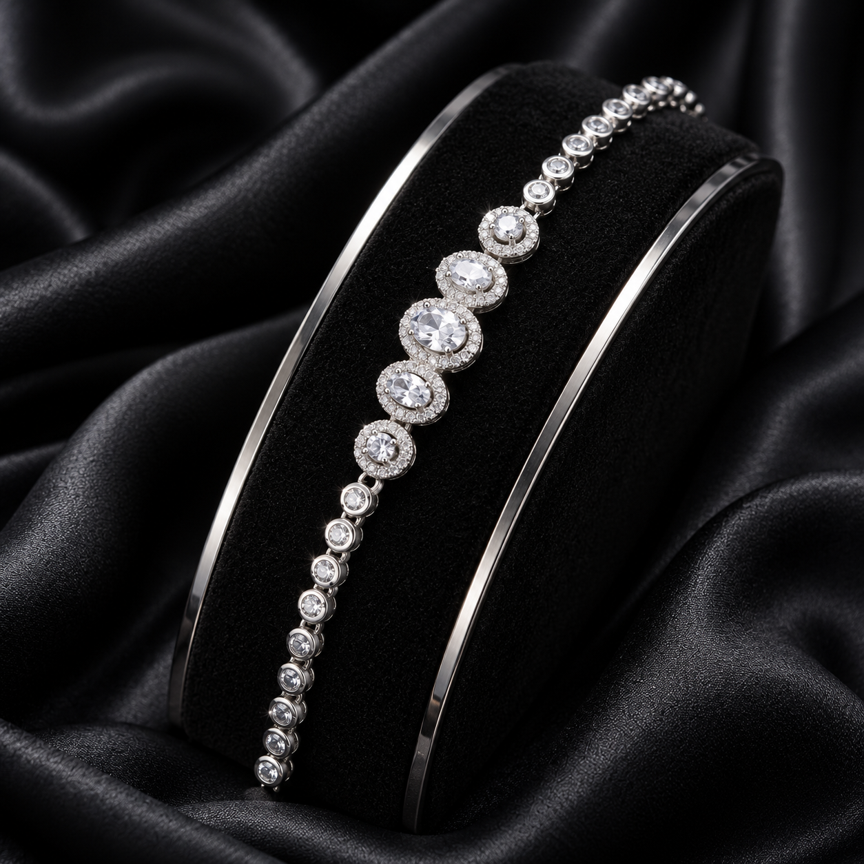 Luxury Silver Crystal Tennis Bracelet with Oval Stone Details for Women