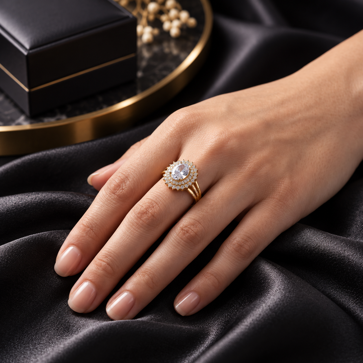 Oval Cut Cubic Zirconia Double Halo Ring in Gold