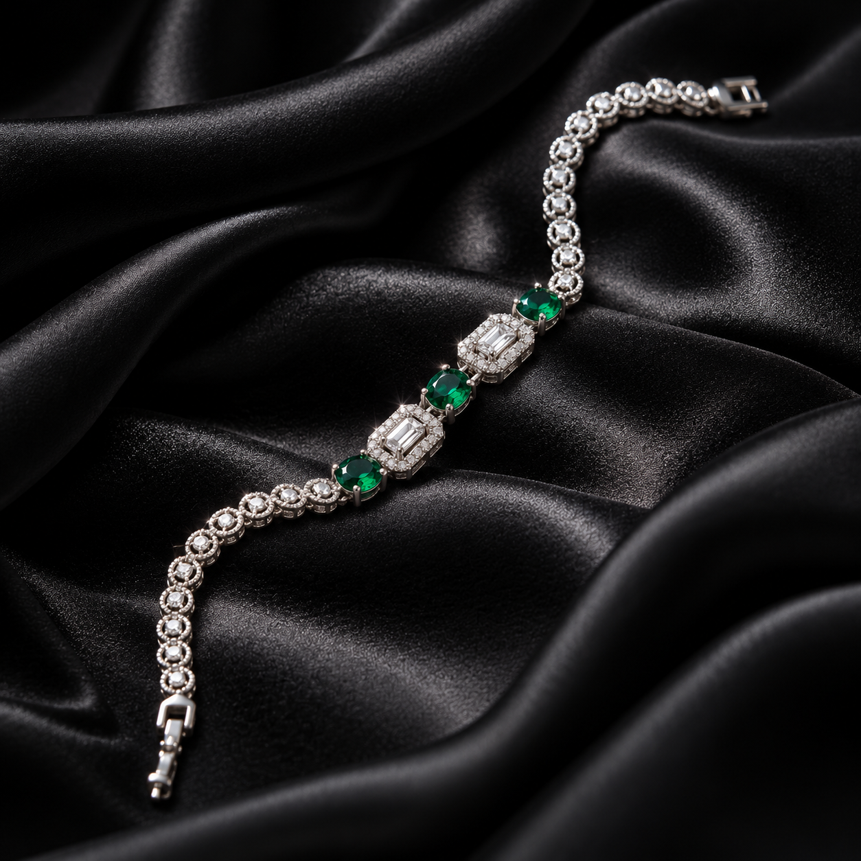 Oval Emerald Green Halo Silver Bracelet