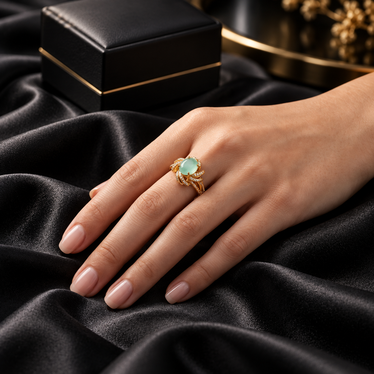 Oval Green Jade Floral Accent Ring in Gold