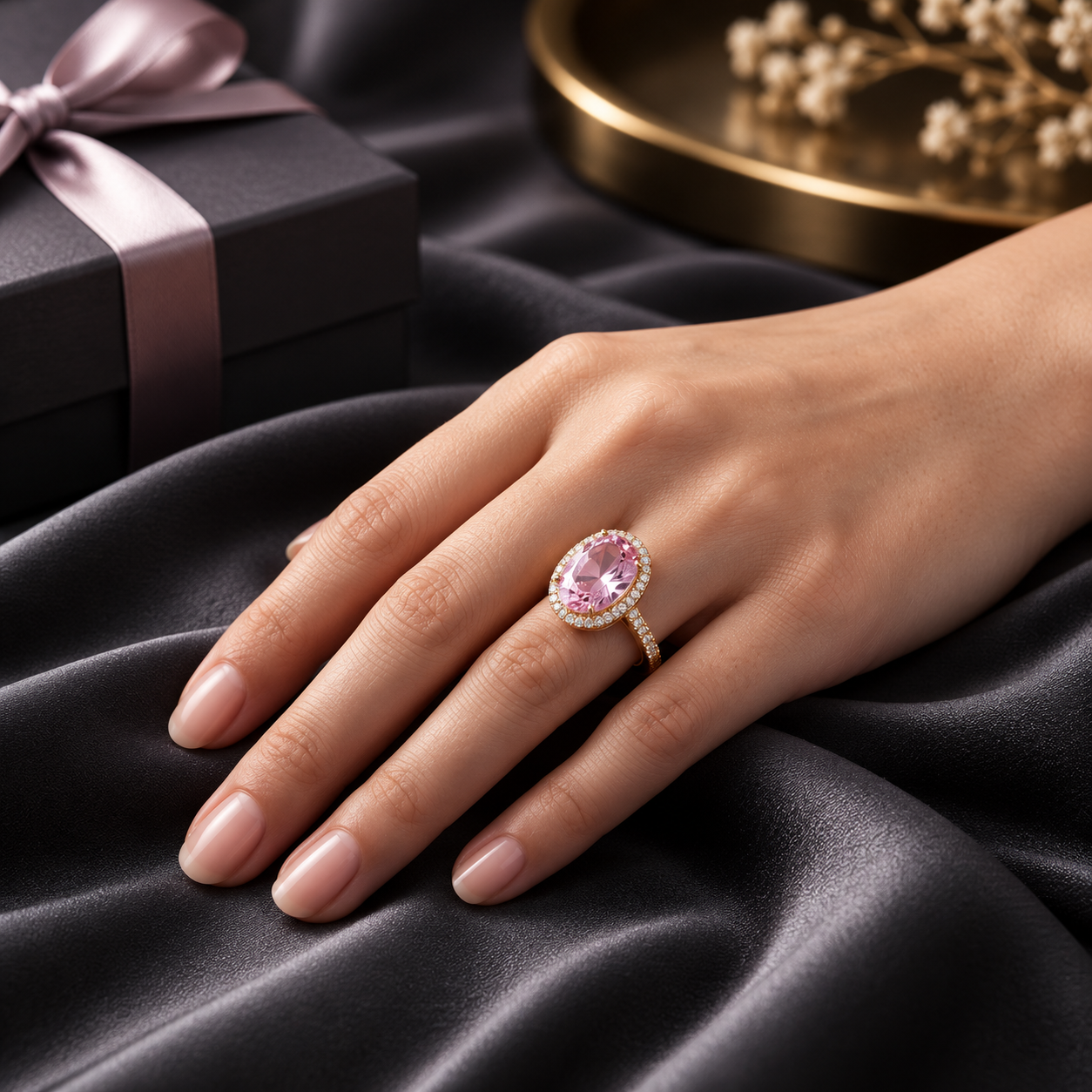 Oval Pink Sapphire Diamond Halo Ring in Gold