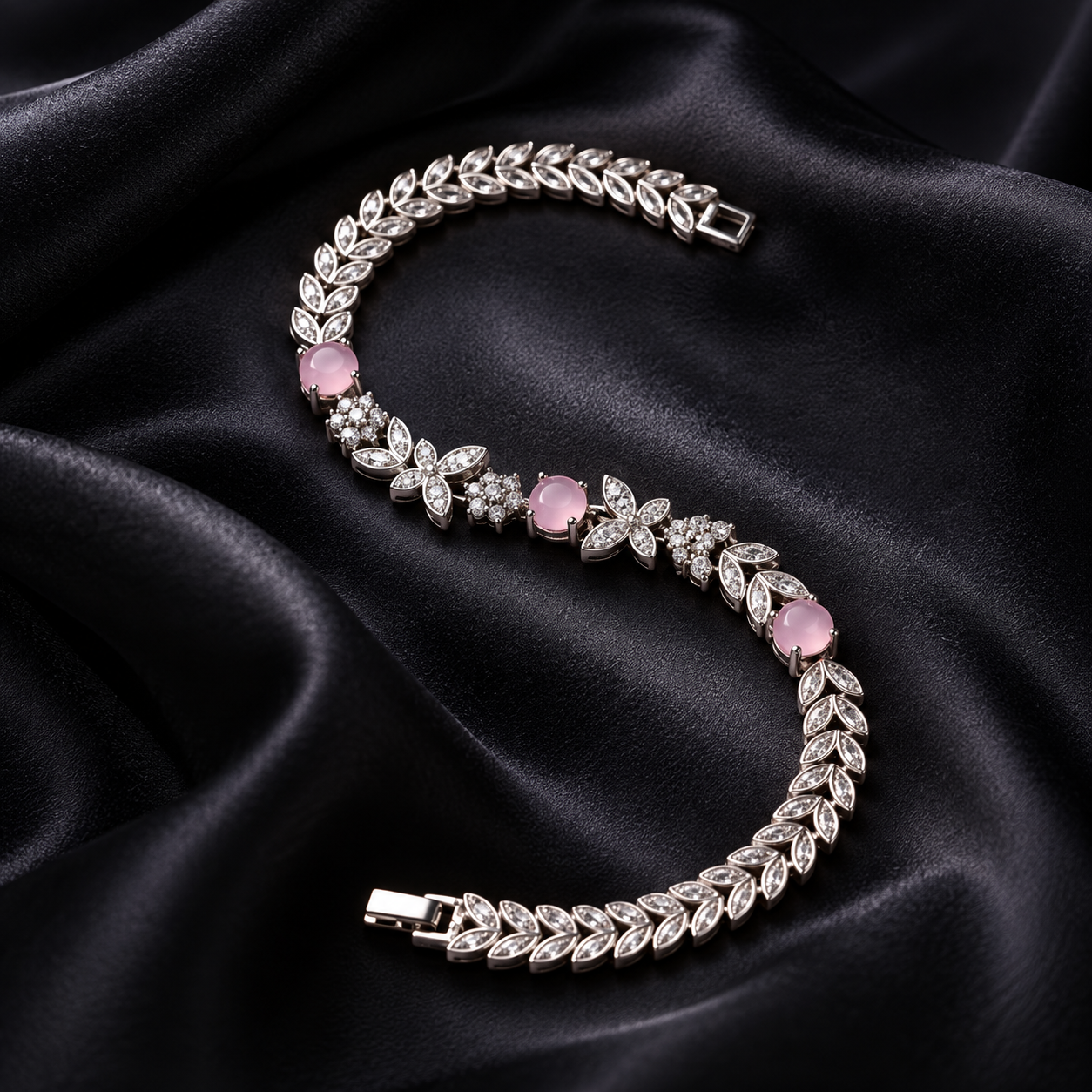 Pink Stone Floral Leaf Silver Bracelet