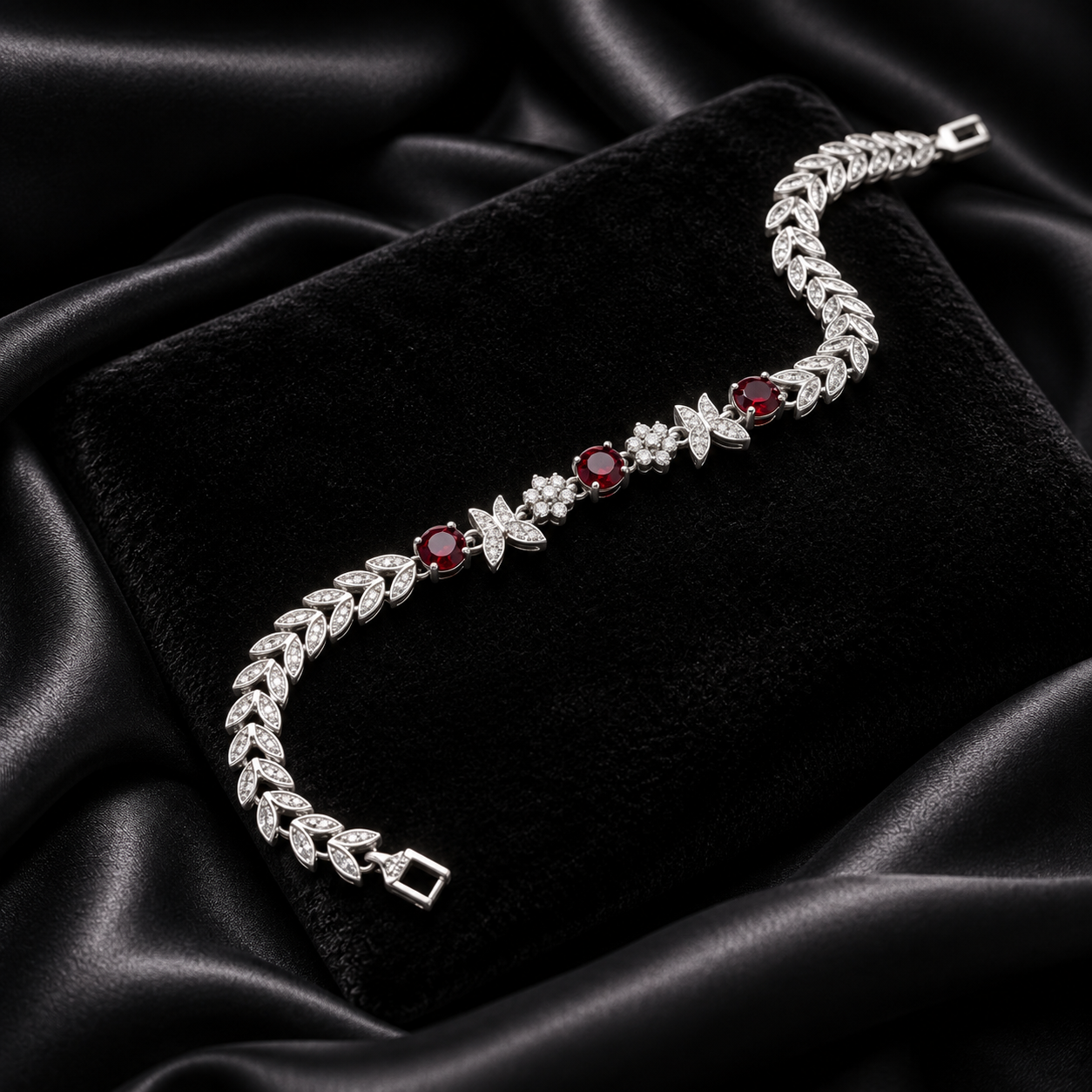 Red Gemstone Leaf Butterfly Silver Bracelet