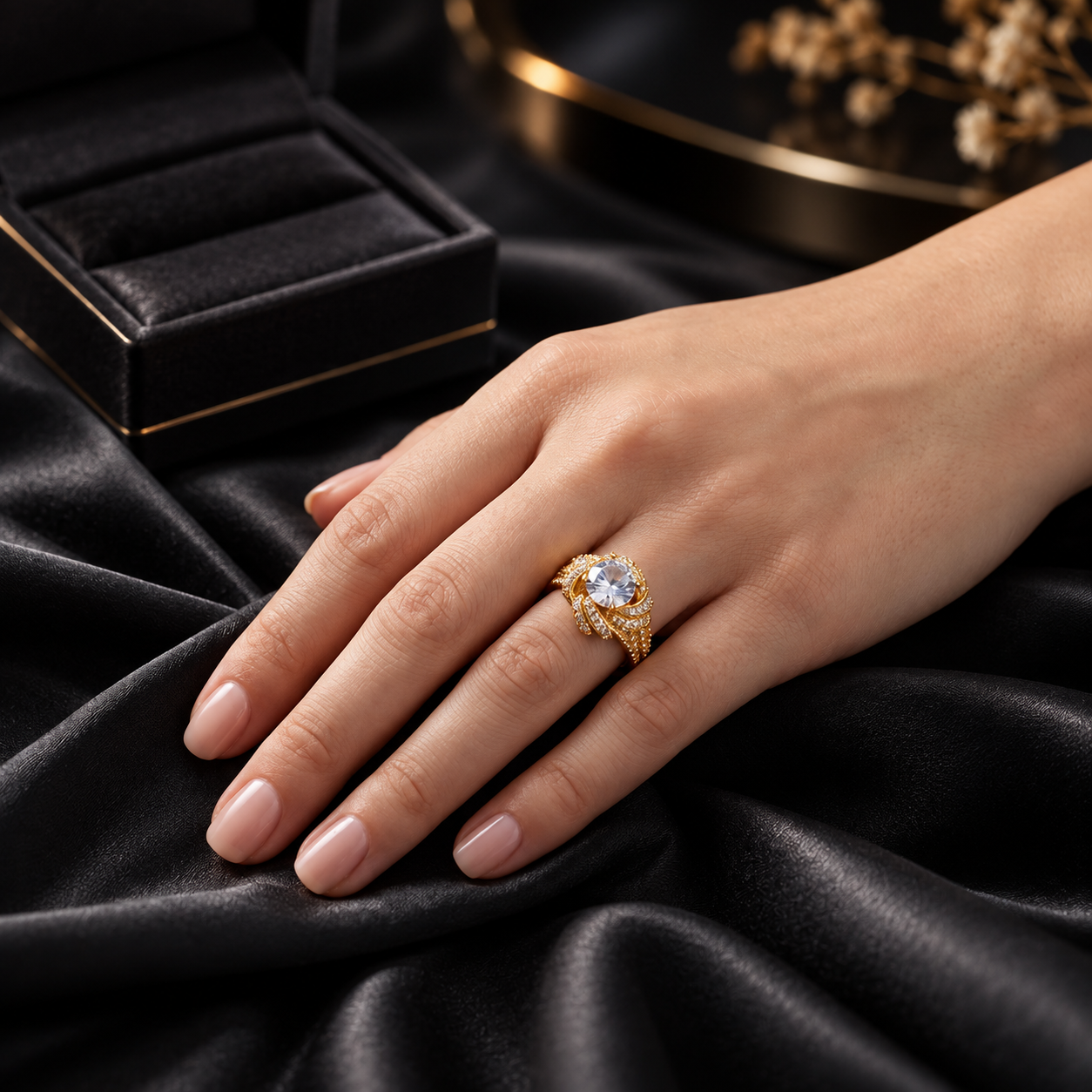 Round Solitaire Swirl Statement Ring in Gold