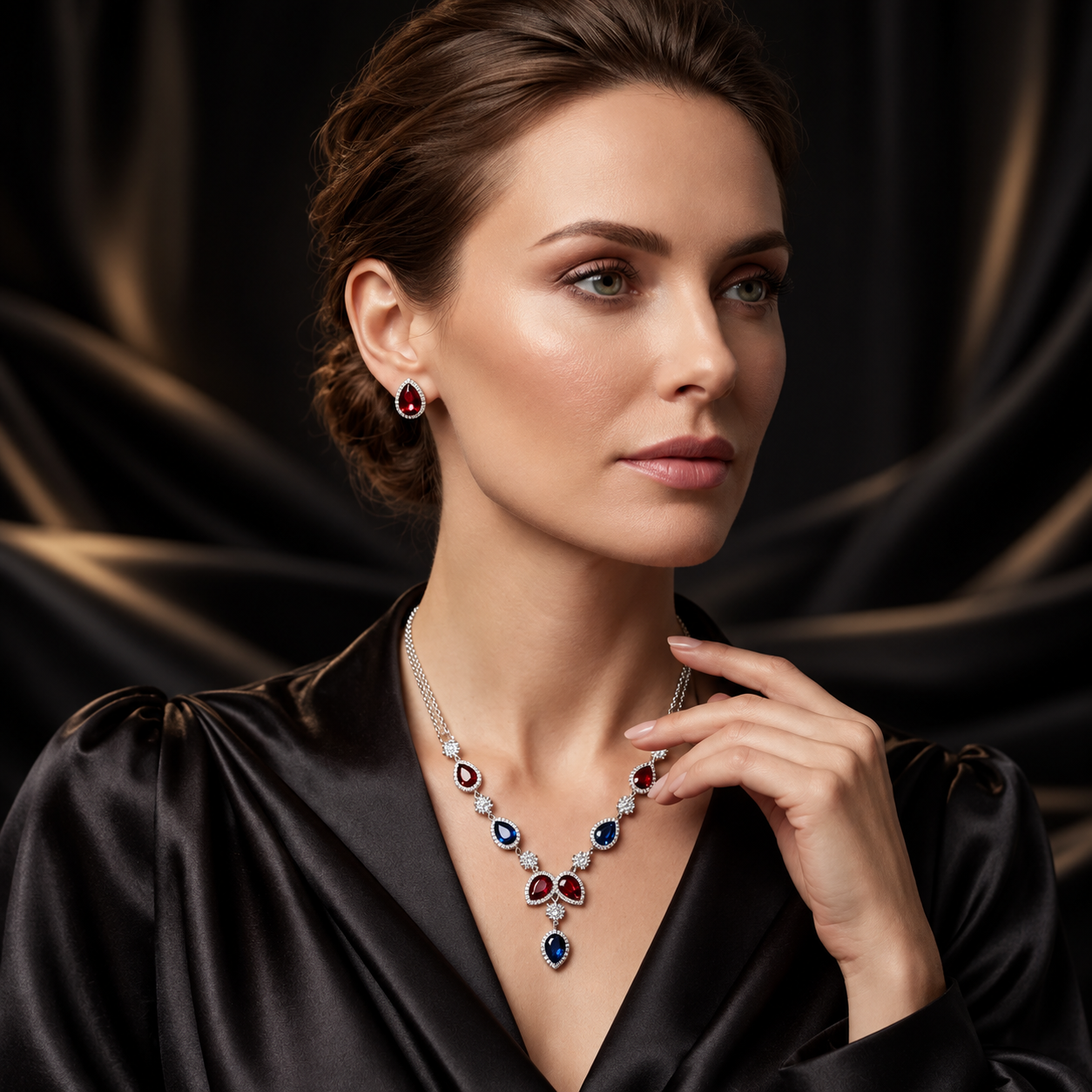 Ruby and Sapphire Halo Teardrop Jewellery Set