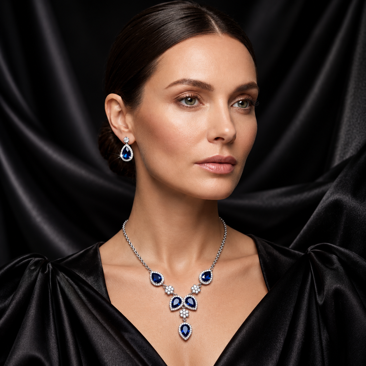 Sapphire Blue Teardrop Halo Jewellery Set