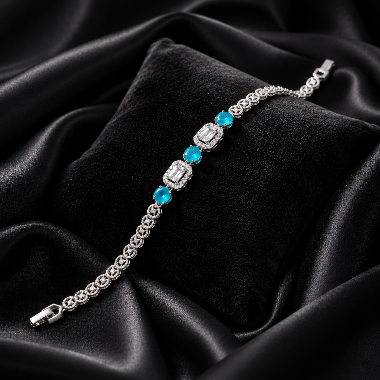 Turquoise Emerald-Cut Halo Filigree Bracelet